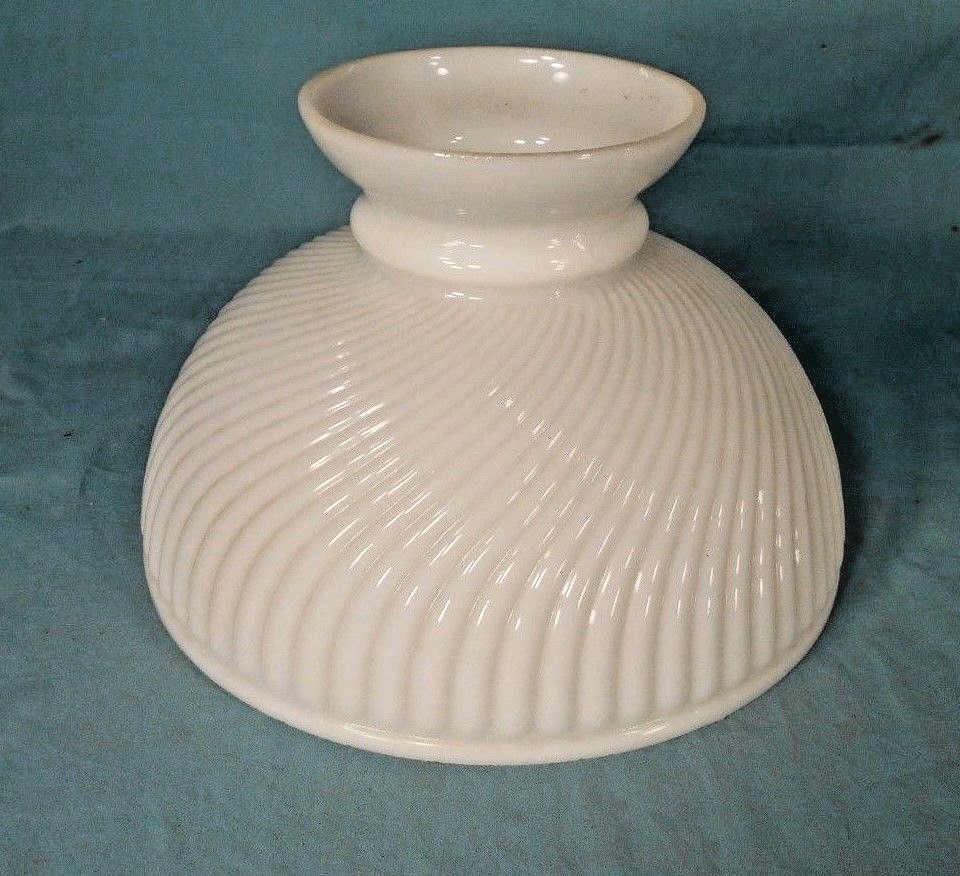 PAIR OF VINTAGE SWIRL RIBBED MILK GLASS STUDENT LAMP OIL LAMP SHADES