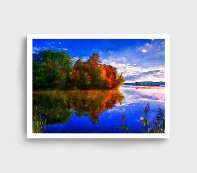 Nature Vector Art Print,Lake Wall Art, Sky Framed Forest Wall Art Vector Art