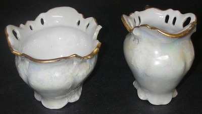 Antique Porcelain Sugar Bowl & Creamer Luster footed Gold Reticulated Embossed..