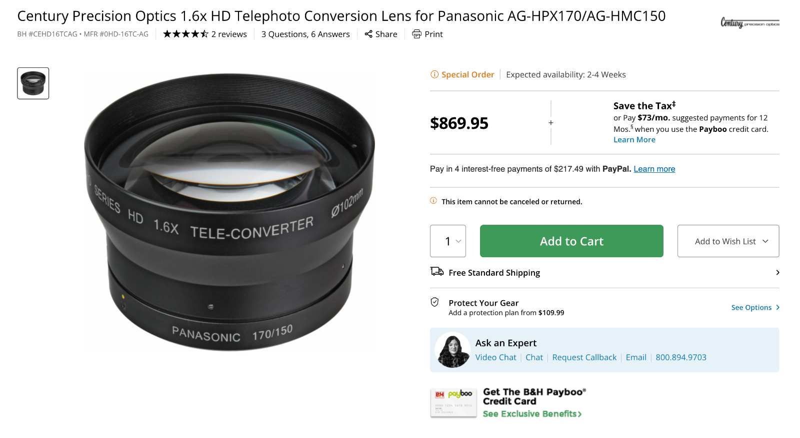 Century Precision Optics 1.6x HD Telephoto Conversion Lens Panasonic HPX170 150