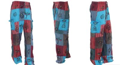 S-4XL UNISEX PATCHWORK Cotton Trousers Hippy Boho Pants Cargo Wide Festival S50