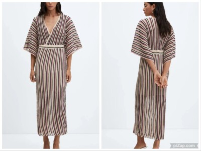 MANGO  MNG Lurex Dress Long Maxi Striped Wrap Crossed Neckline 3/4 Sleeve NWT M