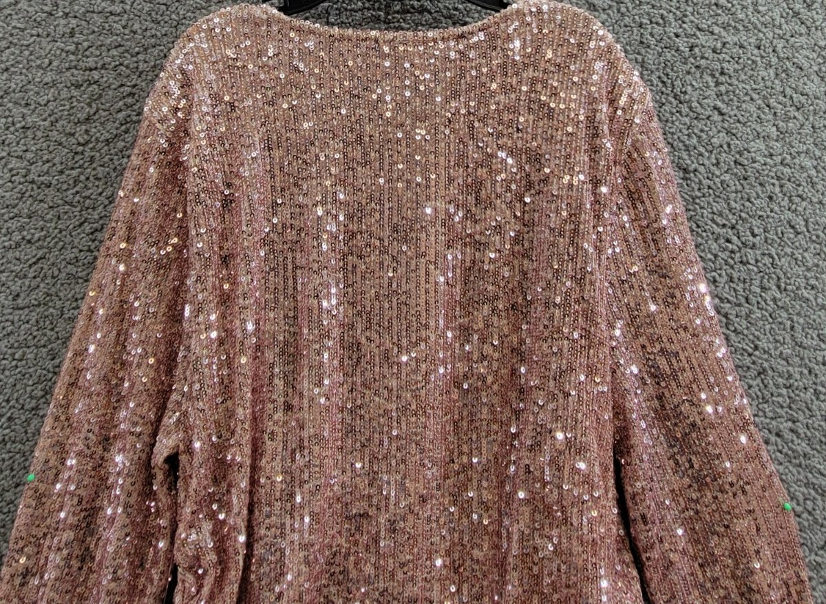 Karen Kane Side Shirred Sequin Top Womens M Pink Round Neck Long Sleeve Pullover - Picture 13 of 15
