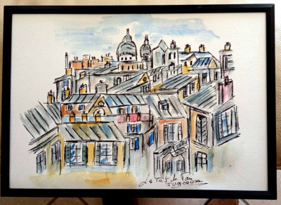 PARIS LES TOITS DE PARIS AQUARELLE  ART TABLEAU PEINTURE JUMEAUX JEAN PIERRE