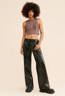 Free People Pants Womens 12 Black Star Crossed Lovers Faux Leather Wide Leg