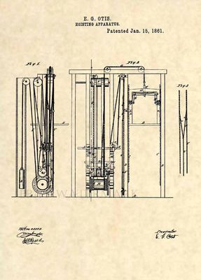 Official Otis Elevator US Patent Art Print - Vintage 1861 Antique Original -277