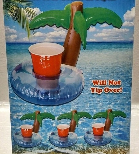 GoPong Inflatable Floating Palm Pool Beach Drink Rafts Beer Drink Cup Holder 3pk