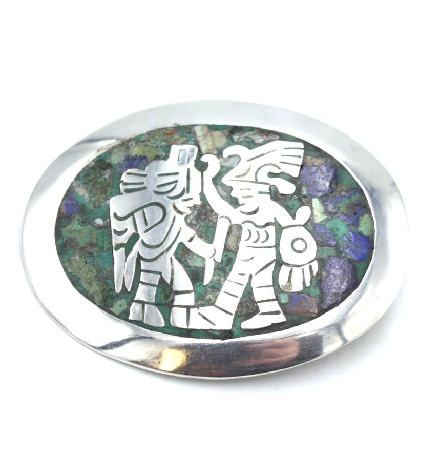Mexico Ethnic Pendant Brooch Pin With Mosaic in 925 Sterling Silver Vintage 80s