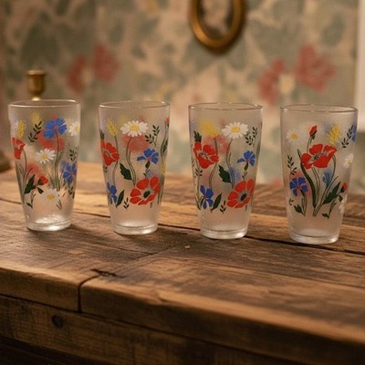 H J Stotter NY Vintage Wildflower Floral Plastic Ice-Tea Juice Tall Cups 5-1/2"