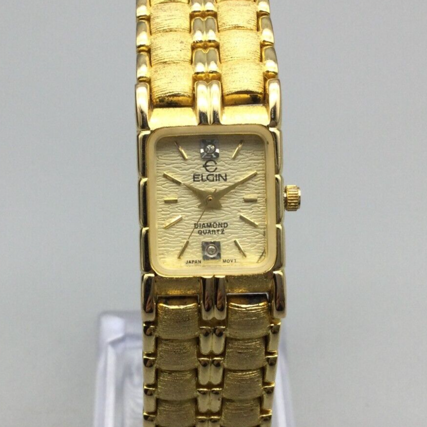 Vintage Elgin Diamond Watch Women 16mm Gold Tone Textured