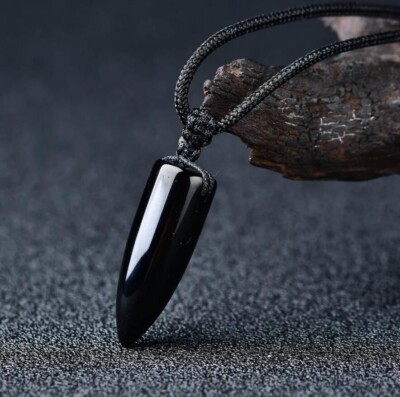 Natural Black Obsidian Bullet Point Pendant Healing Amulet Unisex Men Necklace
