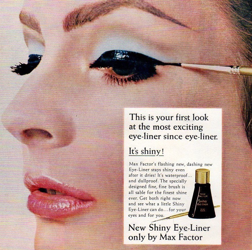 Vintage Beauty Fashion ad Max Factor 1967 New Shiny Eye Liner liquid makeup ad