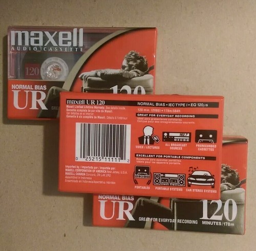 Lot of 3 Maxell UR 120 Minutes Blank Cassette Tapes Normal Bias IEC Type 1 NEW