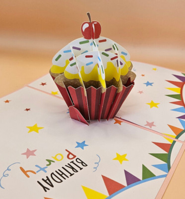 Cup Cake with Cherry Birthday Party 3D Popup Greeting Card | Ship Imm. W/ US
