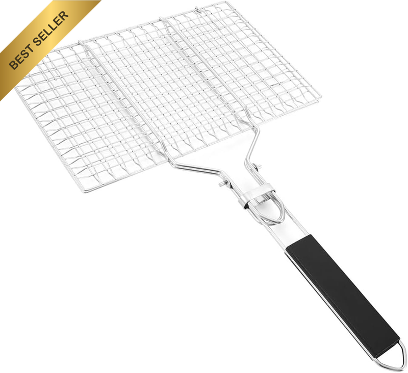 Folding Stainless Steel BBQ Grill Basket, Portable Camping Barbecue Rack with Re