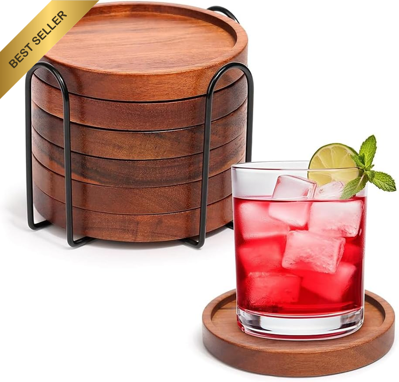 Wood Coasters with Holder,Coffee Table Decor Acacia Wood Coaster Set,Home Dining