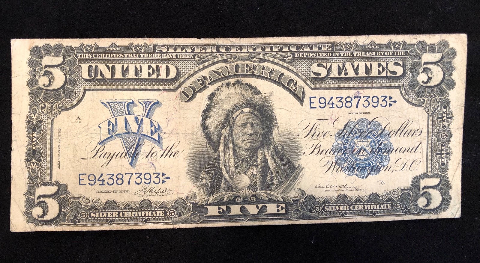 4-  $500.00 NOTE, $5.00 1899 CHIEF SILVER CERT, $2.00 SILVER CERT, 1917 $1.00