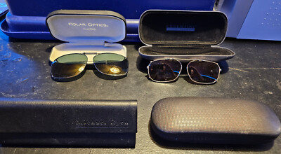 Polar Optics Clip on Sunglasses w/cases (2 of them) & 2 Glass Hard Cases