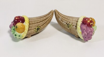 Vintage Tilso Japan Ceramic Fruit Cornucopia Basket Salt & Pepper Shakers Set