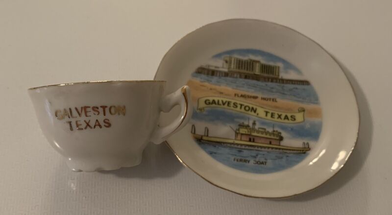 vintage galveston, tx mini cup and saucer souvenir set