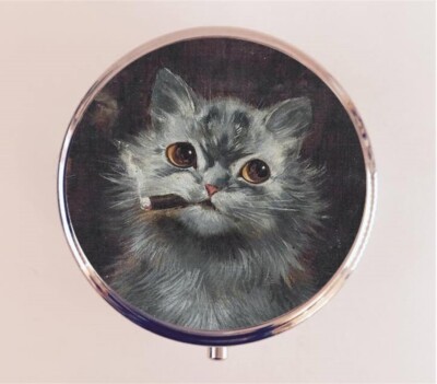 Cat Smoking Cigar Pill Box Case Pillbox Holder Trinket Stash Smoker Whimsical