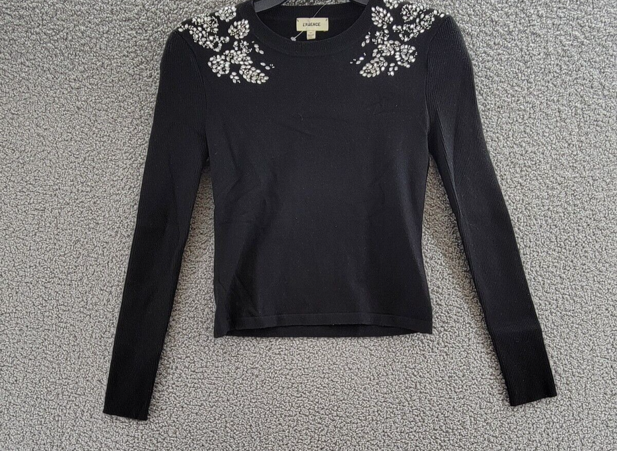 L'AGENCE Imaan Embellished Crewneck Sweater Women's S Black Long Sleeve Pullover - Picture 2 of 17