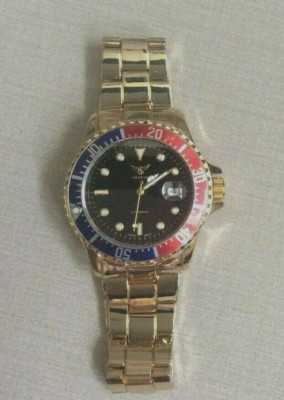 Geneva Automatic Men's Watch PEPSI Case Round Black Dial on Gold Linked Band New