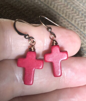 Earrings Artisan Wire wrapped Handmade Red turquoise cross Copper JMes Jewelry