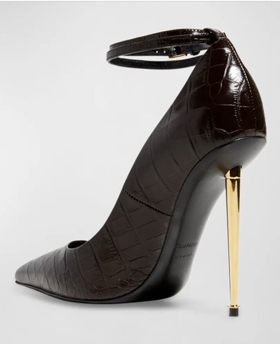 Pre-owned Tom Ford $1290  Lock 105mm Croco Ankle-strap Shoes Chocolate 9 Us/39 Eu In Brown