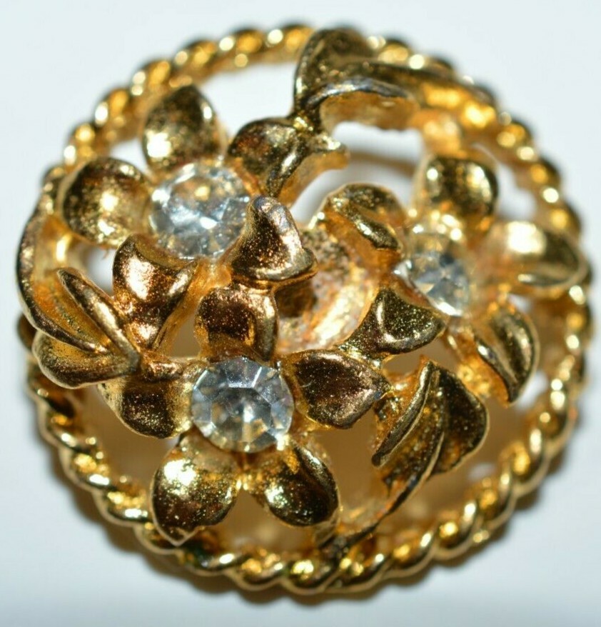Lot of 5 Vintage Shank One Inch Buttons Floral Design Gold Tone with Rhinestones