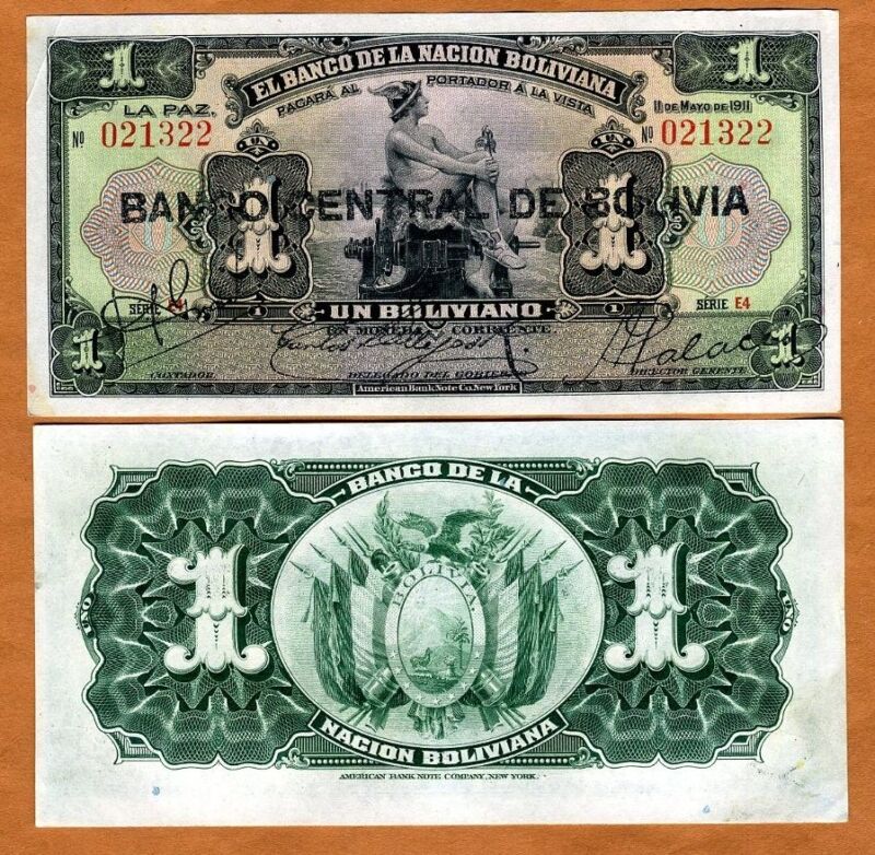 Bolivia, 1 bolivano, 1911 (1929), P-112, XF+ Black Overprint, Hand Signed