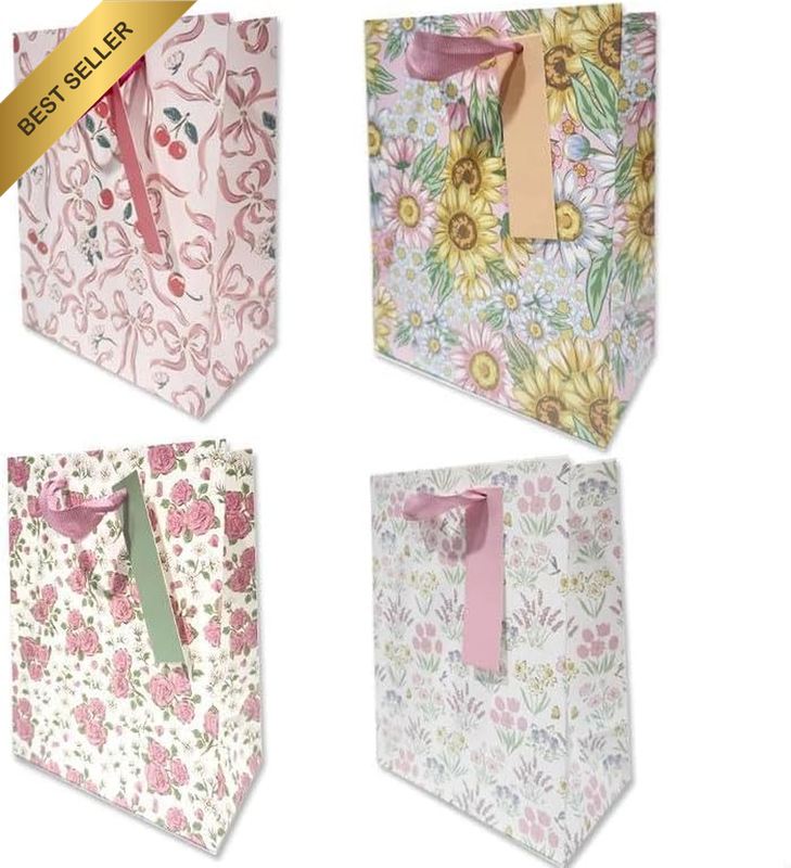 [6Pcs]  XL Floral Gift Bag, 32X42X11.5Cm, Assorted Designs, with Ribbon Handles