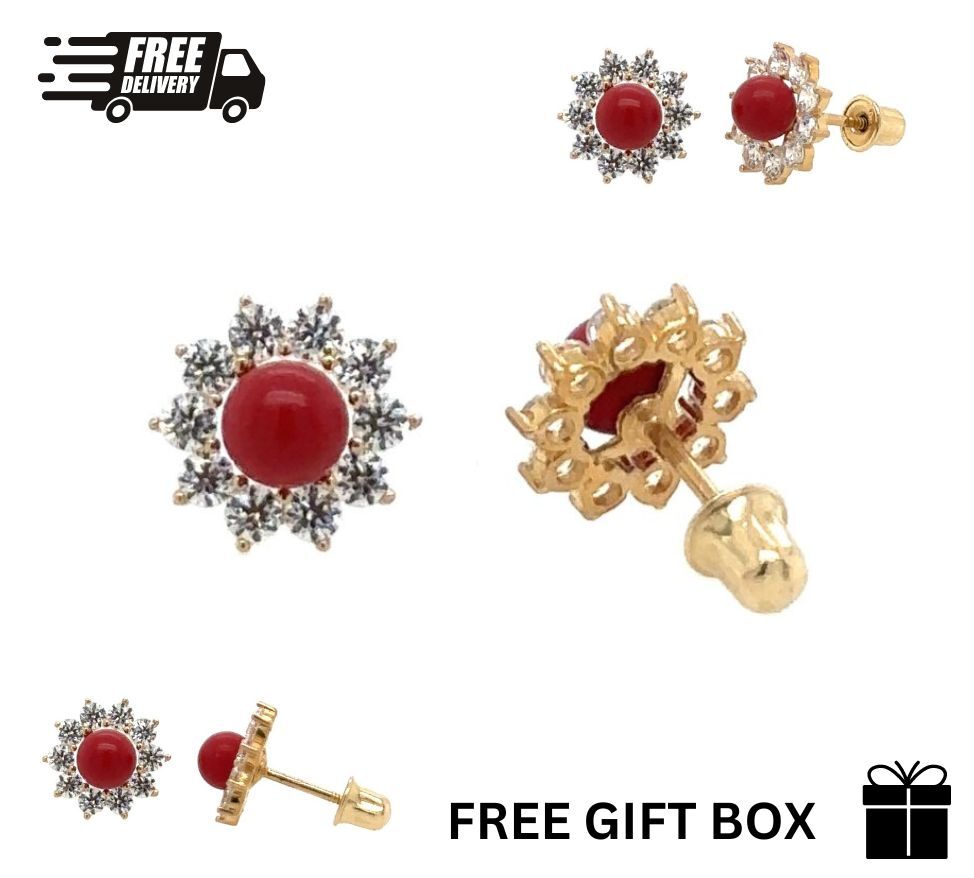 14k Yellow Gold Red Coral Stud Earrings/ Screw Back