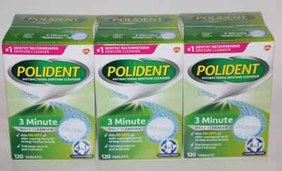 LOT (3) POLIDENT ANTIBACTERIAL 3 MINUTE DENTURE CLEANSER 120 TABLETS EXP 8/31/24