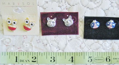 3 LOT CUTE CRITTERS NEW POST PIERCED EARRINGS  OWLS CATS LADYBUGS RHINESTONES