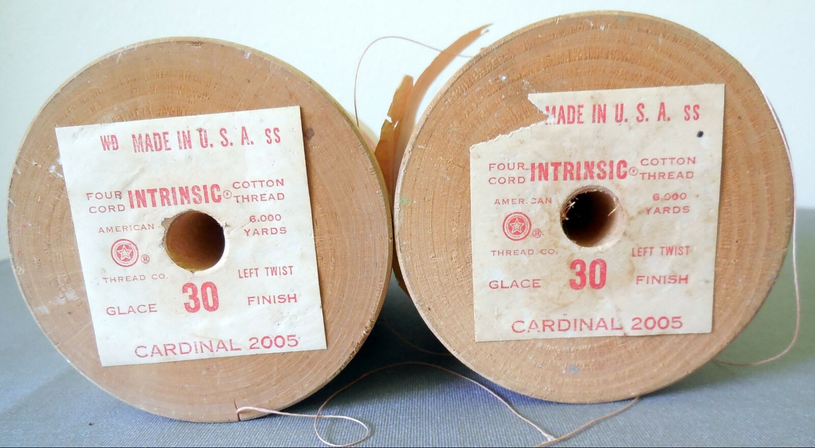 2 ea Vintage American Thread Co Four Cord Intrinsic Cotton Thread wood bobbin