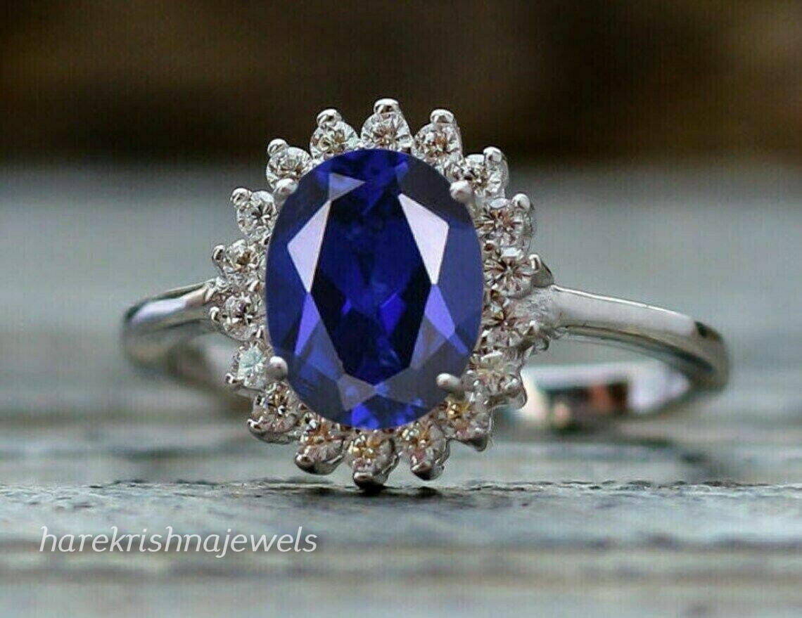 14K White Gold Finish 3CT Oval Cut Real Blue Sapphire Flower Shape Wedding Ring