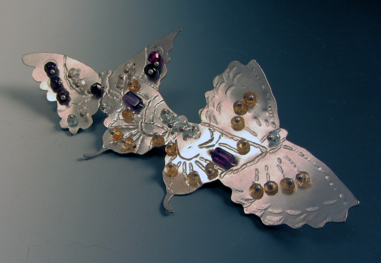 Unique Brooch Sterling Silver Butterflies Topaz Amethyst Garnet Citrine OOAK