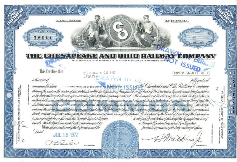 1972 C&O Chesapeake & Ohio Railway - common stock certificate