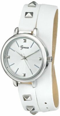 NEW Geneva 2401E-GEN Women's Silver Case White Wrap-around Faux-Leather Watch