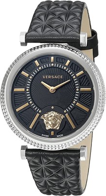 Versace V-Helix VQG020015 Versace V-Helix Mặt Đen Viền Bạc Dây Da Trần Trám Màu Đen  main image 2