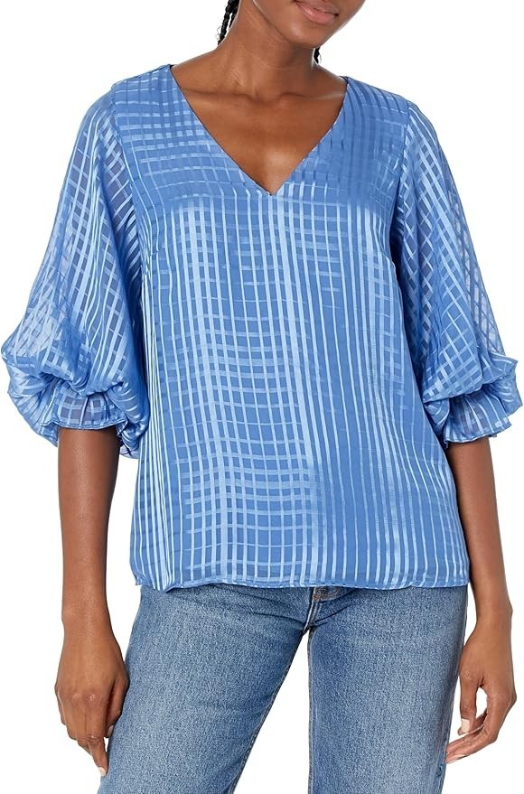 Vince Camuto Printed Puff Sleeve Top Women's Medium Oceanside Vneck Pullover - Picture 1 of 14