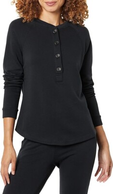 Amazon Aware Women's Fleece Long-Sleeve Henley Sweatshirt Black Large