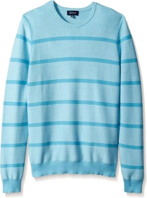 Thirty Five Men's Stripe Crew-Neck Lightweight Cotton Pullover, Turquoise, L