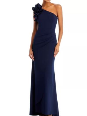 Вечернее платье цвета МОРСКОЙ волны из крепа с оборками на одном плече, темно-синий, 14