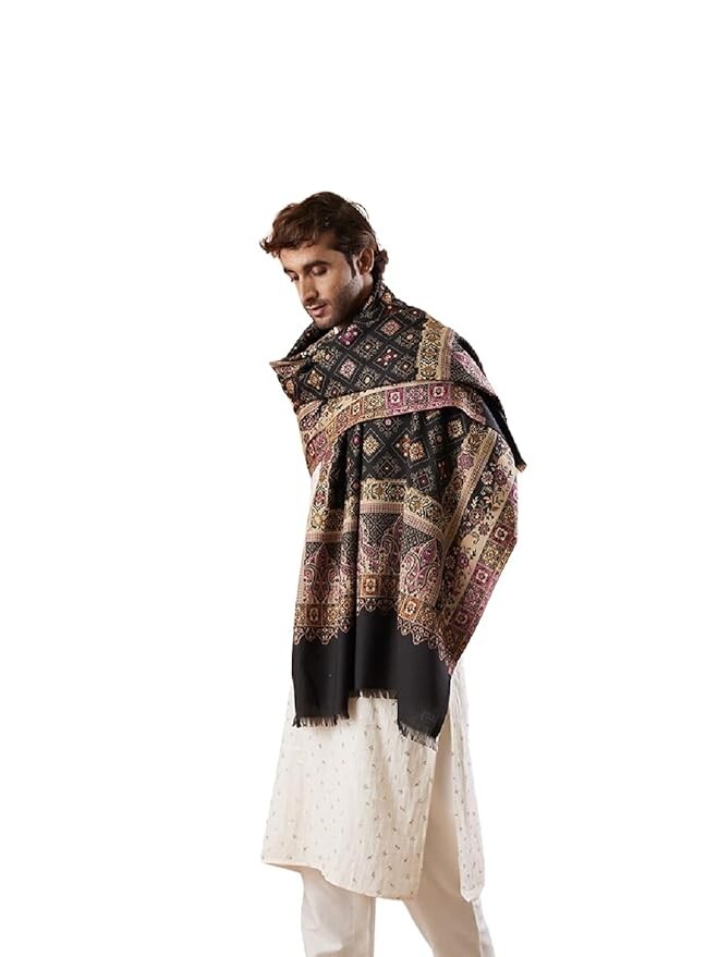Pre-owned Handmade Men Jamawar Shawl, Authentic Kashmiri Luxury Pashmina Style Shawl, Stole 40"x80" In Multicolor