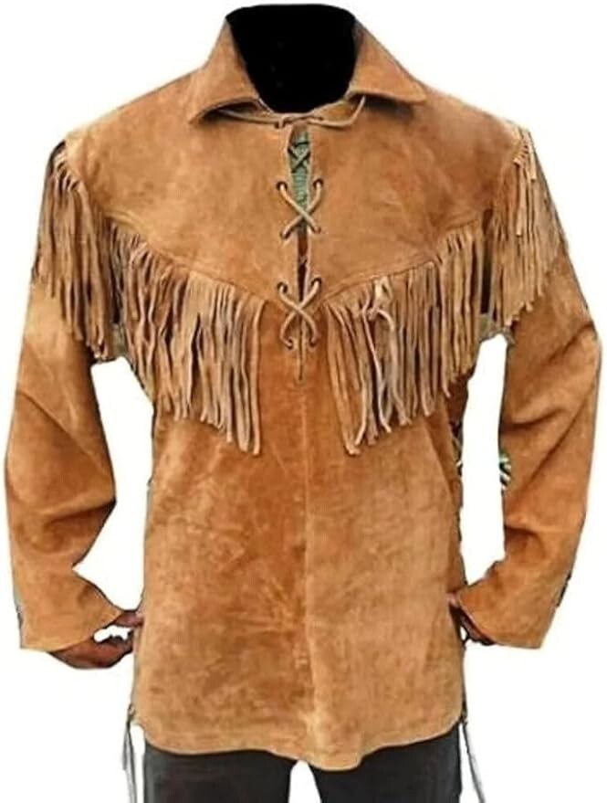 SIGMA MEN'S NATIVE AMERICAN BUCKSKIN SUEDE LEATHER FRINGE WAR SHIRT AND PANT SUIT