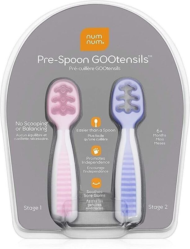 NumNum Pre-Spoon GOOtensils Baby Spoon Set (Stage 1 + Stage 2) BPA Free Silicone