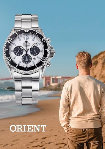 Pre-owned Orient Mako Rn-tx0203s White Dial Panda Chronograph Solar Analog Watch Men