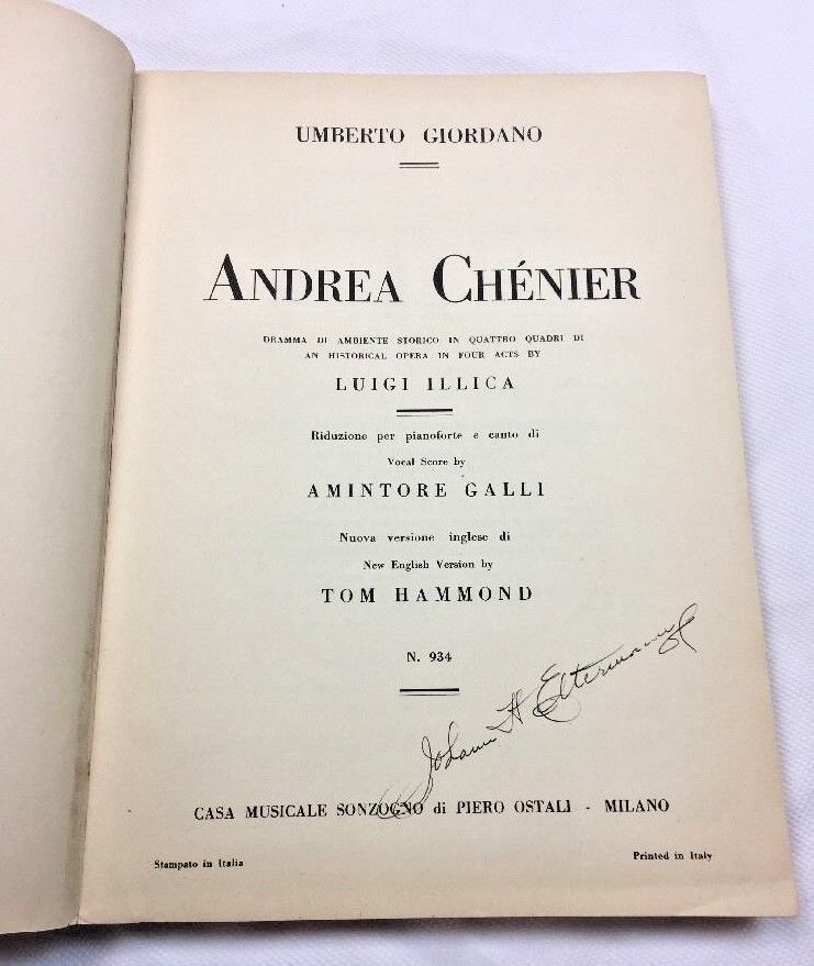 1896 Opera Andrea Chenier by Umberto Giordano 1959 Music Book